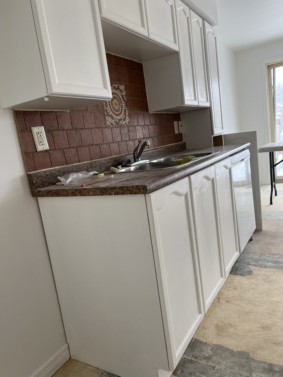 Painted white cabinets along the sink wall with the tile backsplash