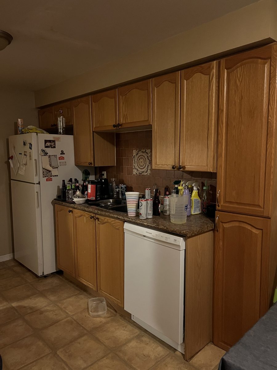 The other side of the same kitchen before painting: oak cabinets, fridge and dishwasher