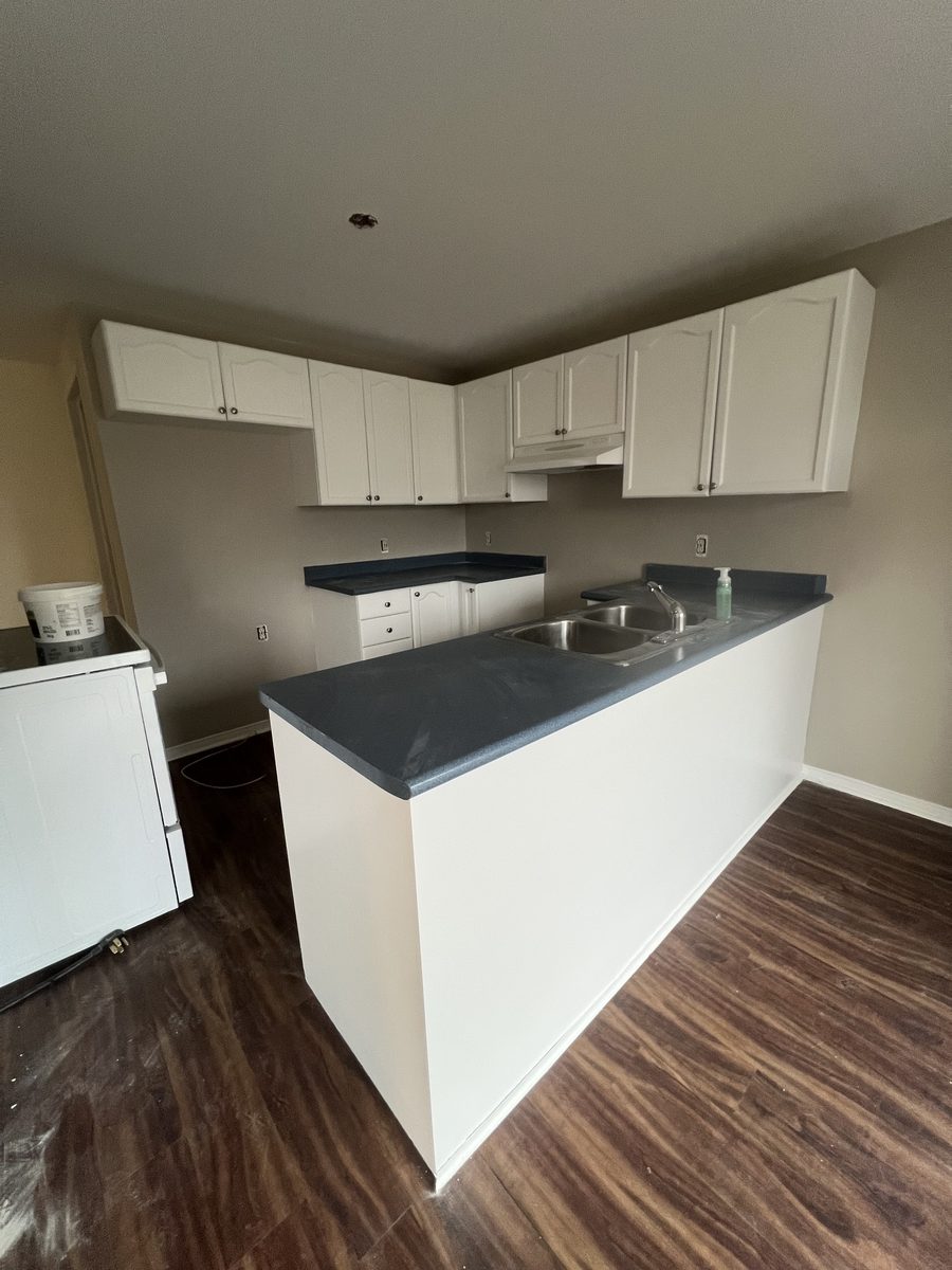 White cabinets and an island with a dark counter